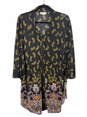 Style & Co Floral Sheer Tunic Blouse XL Black Pink Button Front Boho Top